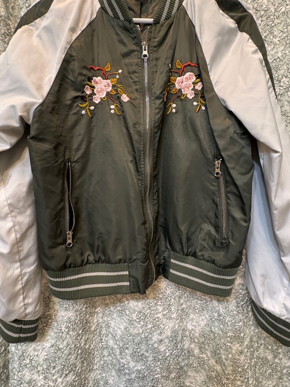 Glamorous Olive Green Bomber Jacket with White Sleeves & Pink Floral Embroidery